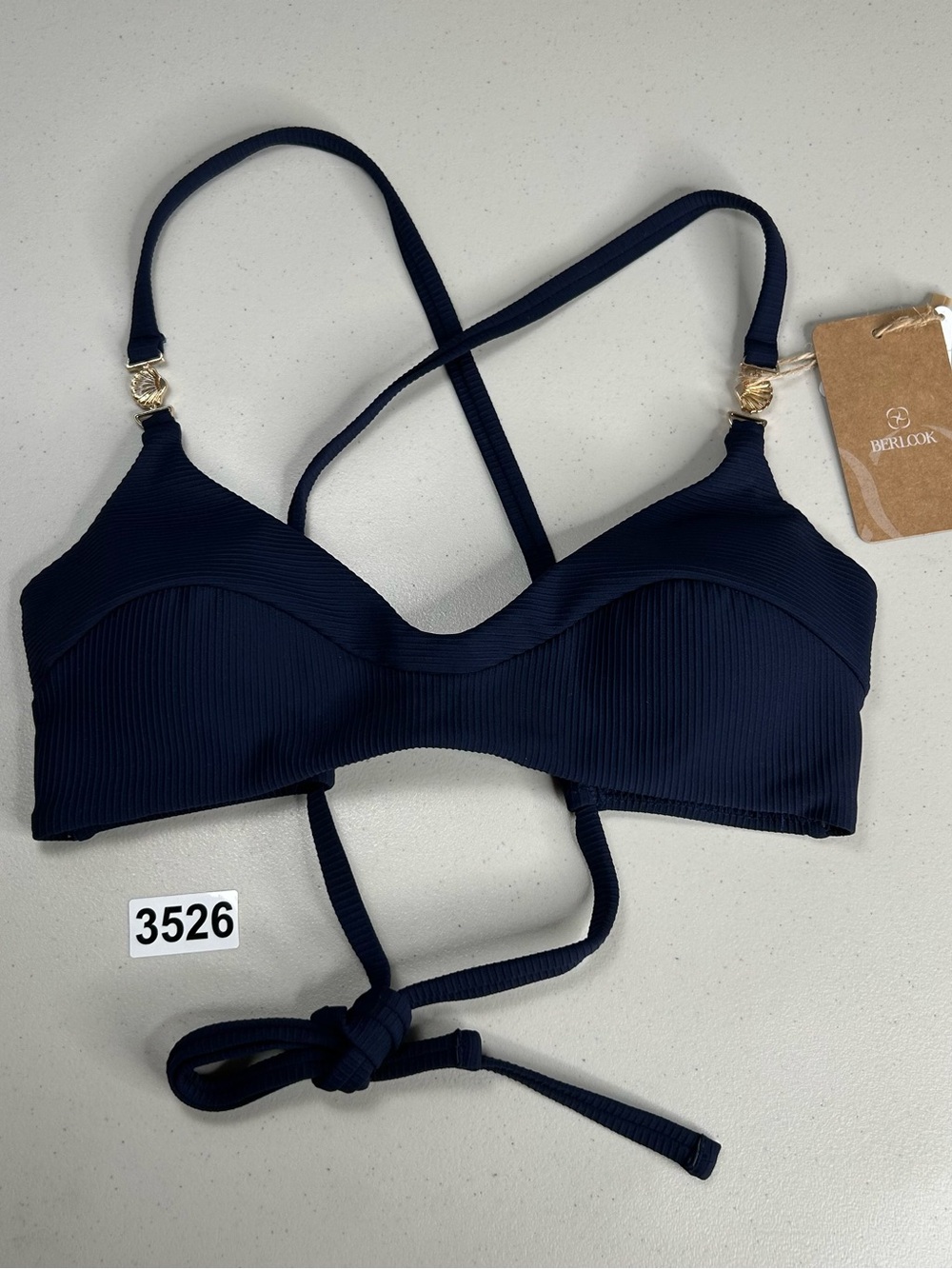 Berlook Bikini Top Small Navy Gold Accented Ribbed